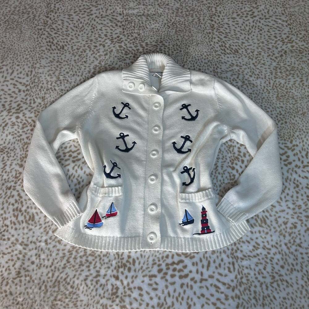 Vintage Breckenridge Nautical Knit Cardigan White Sailboat Anchor